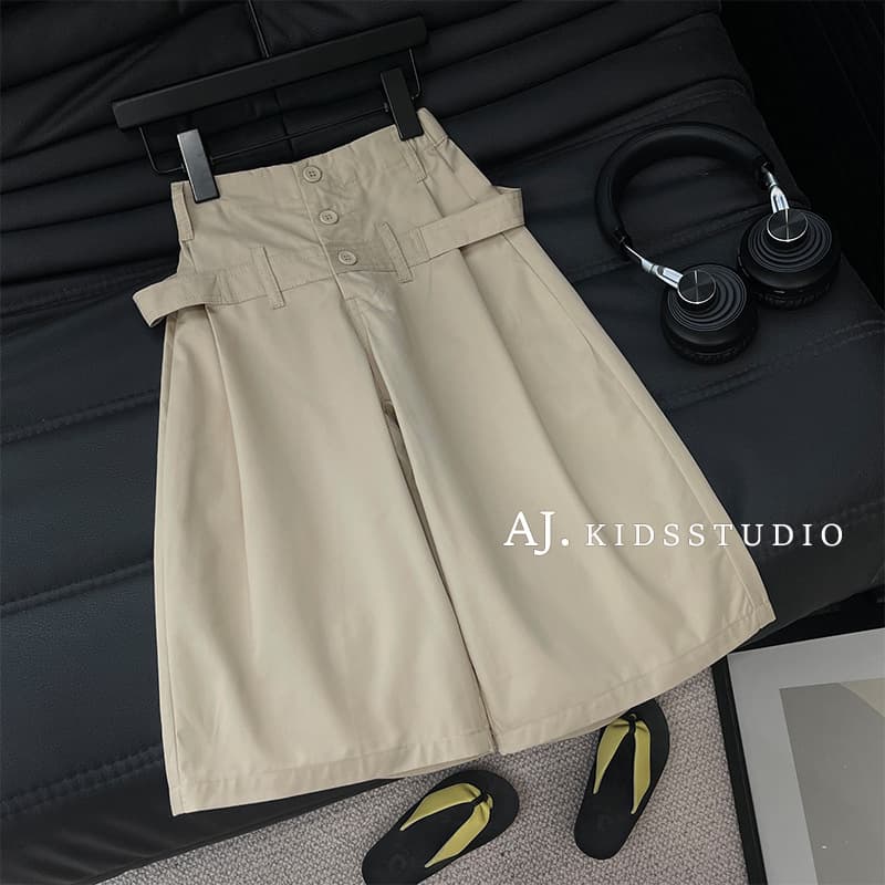 2026 new style summer clothes for middle-aged and older children, girls, Korean style fashionable high-waisted buttoned personalized casual wide-leg loose nine-point pants