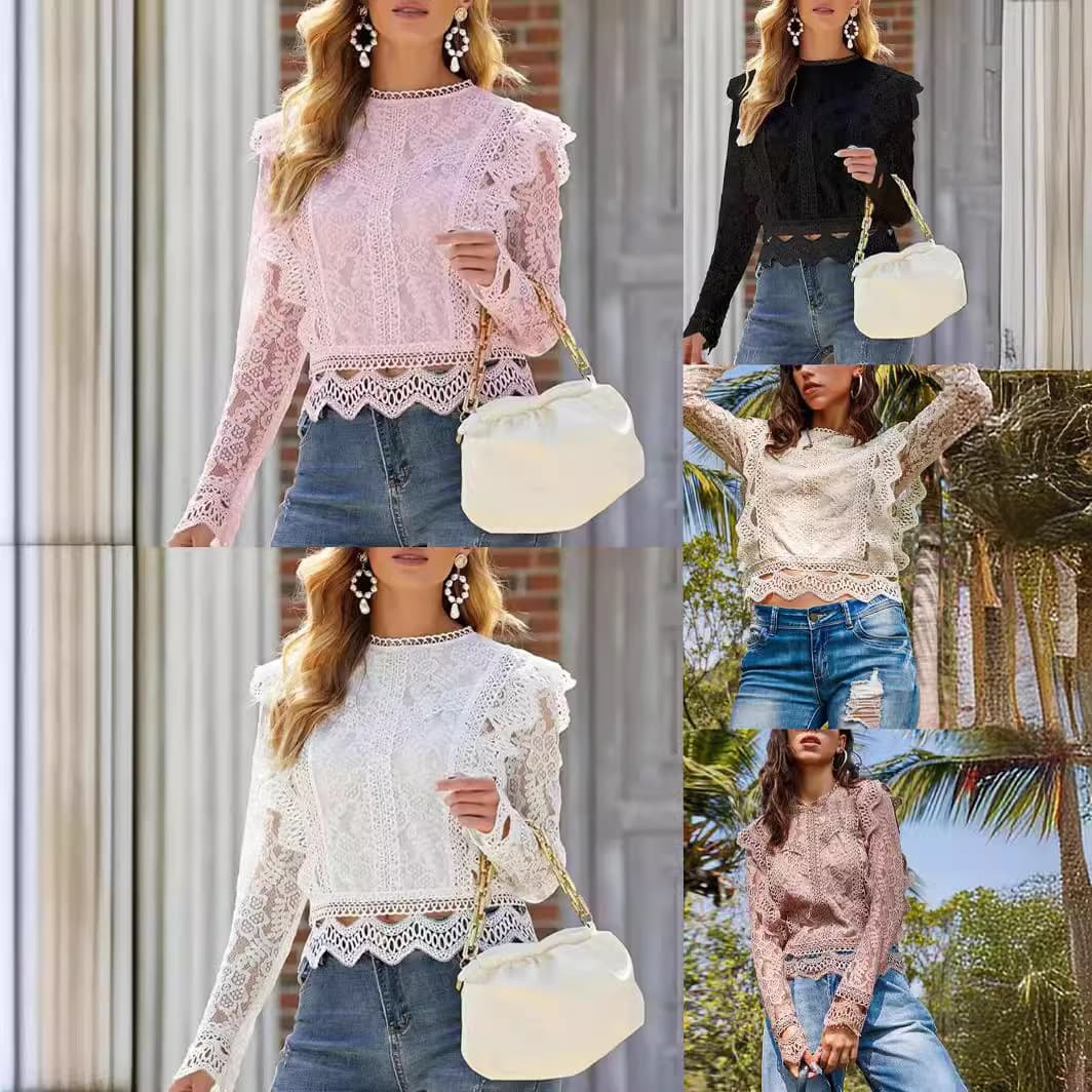 2025 New Sexy Solid Lace Hollow Crop Top Long Sleeve Women's Outerwear Cardigan