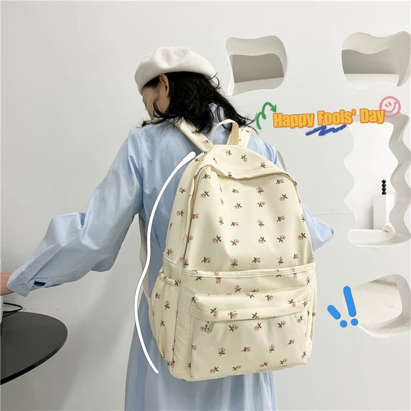 Ins-style Korean school backpack for girls, middle school students, literary fresh floral print, forest-style double shoulder bag