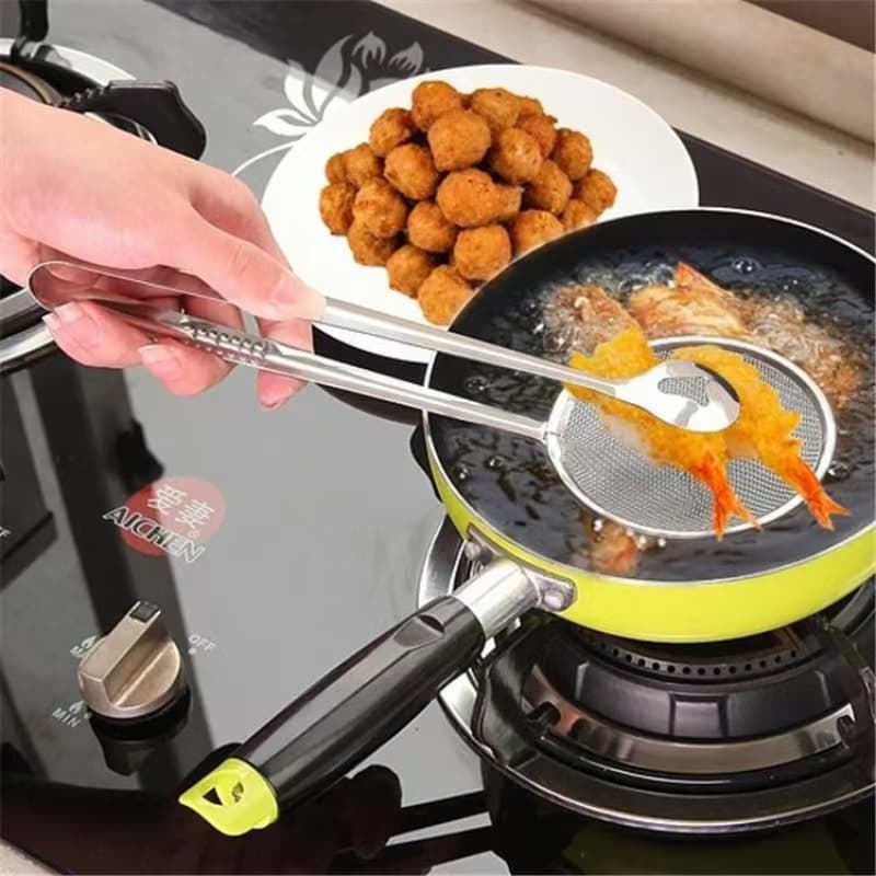 Multifunctional Oil Skimmer Spoon Food Strainer Clip Stainless Steel Deep Fryer Skimmer Filter Net Food Tongs