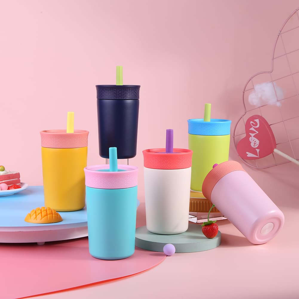 Cross-Border 12OZ Straw Cup Portable Travel Stainless Steel Insulated Cup Household Kids Drop-Resistant Direct-Drink Insulated Straw Cup