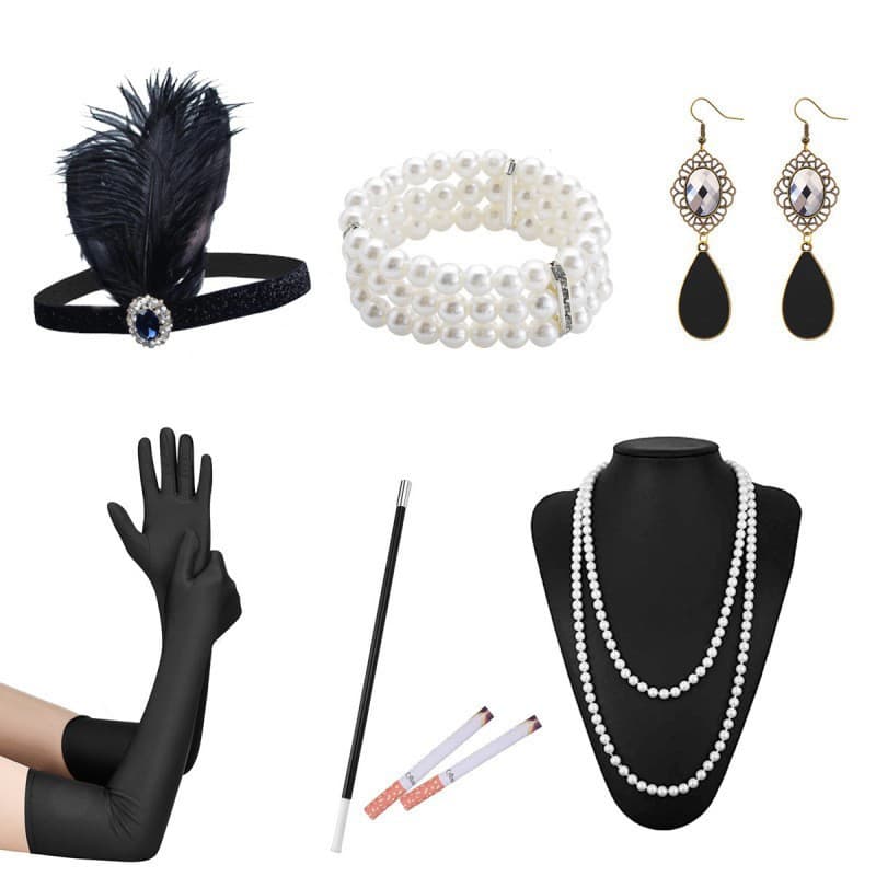 1920s Masquerade Ball Accessories Gatsby Party Feather Alloy Headband Pearl Necklace Long Cigarette Holder Gloves Set