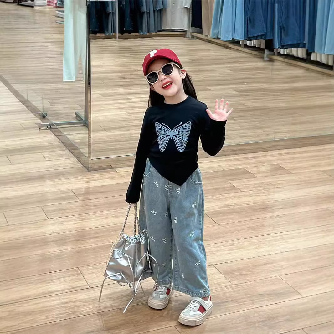 Girls Spring and Autumn Irregular Triangle Hem Short Long-Sleeve T-Shirt + Embroidered Bow Jeans Two-Piece Set
