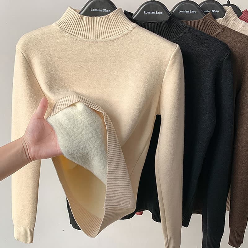 Women's Knitted Half-High Collar One-Piece Fleece Lined Sweater Long Sleeve Thickened Knitwear Fashionable Commute Style
