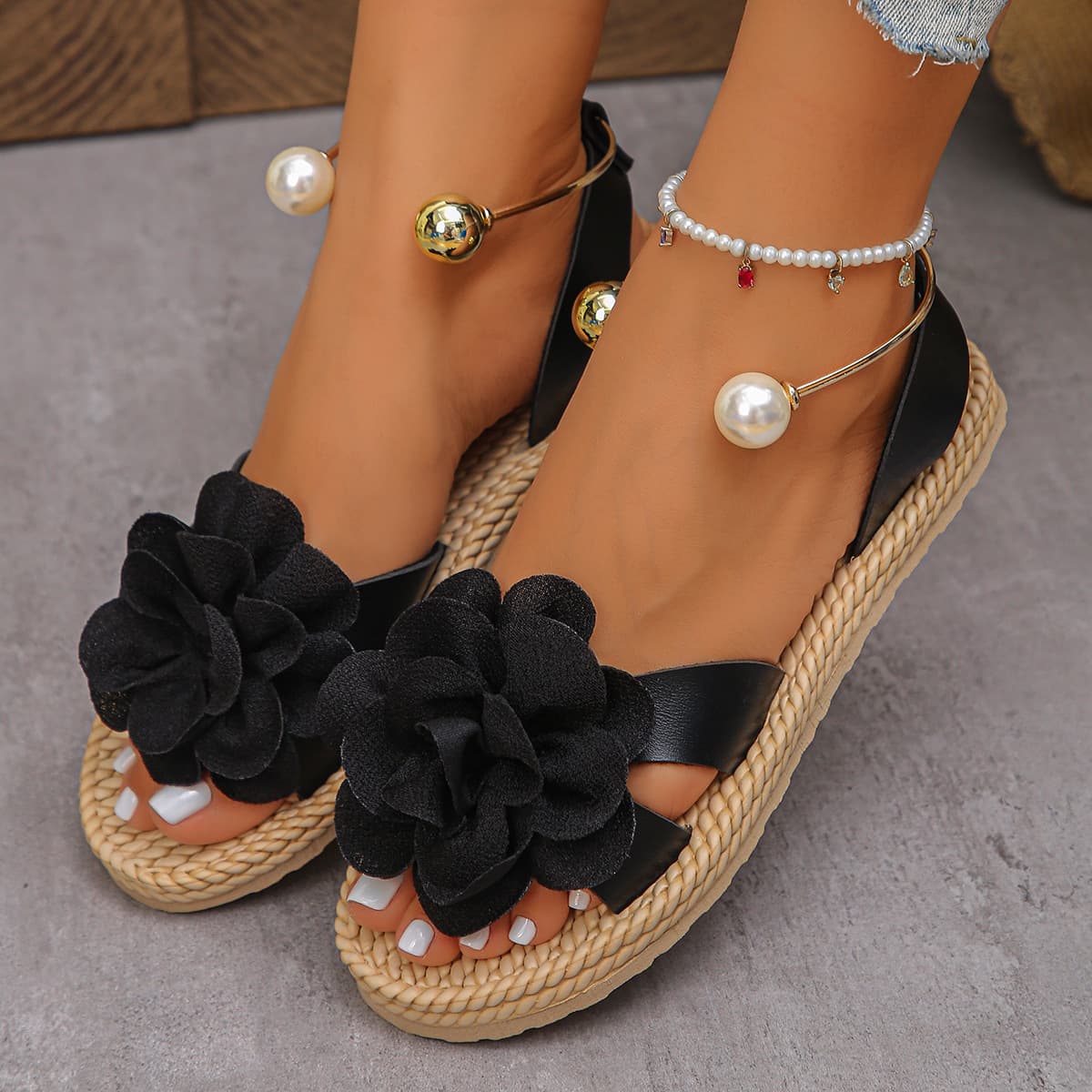 2026 Summer New Export Plus Size Women's Casual Comfort Floral European and American Fashion Slip-On Flat Sandals