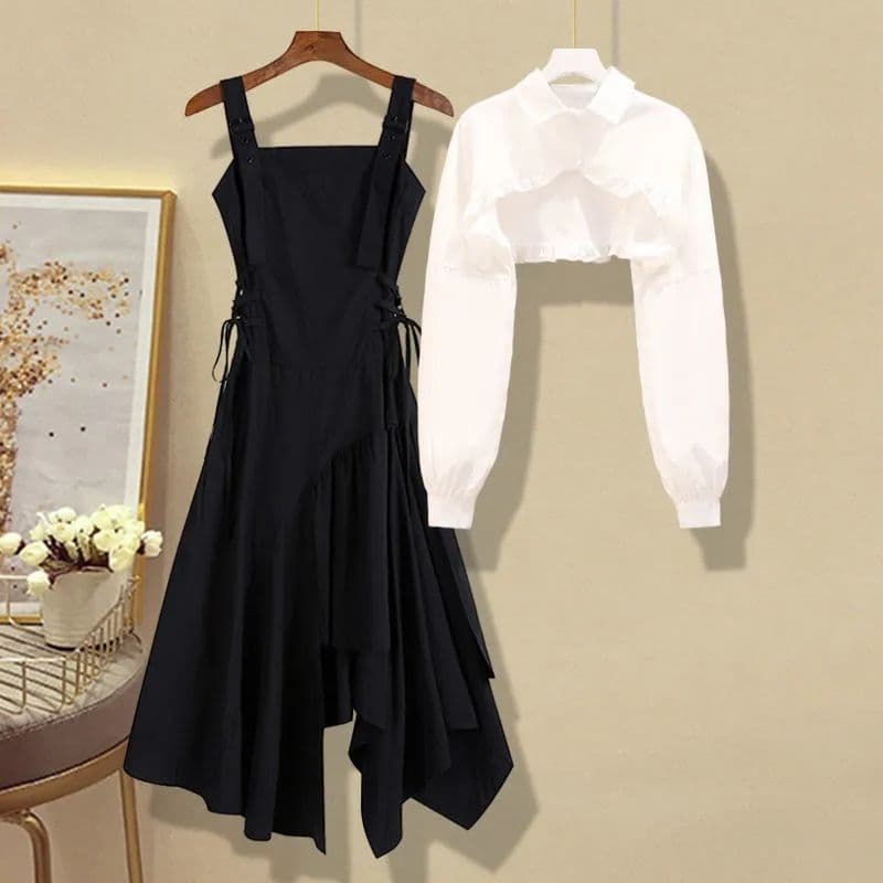 Single/Set Plus Size Women's New Spring/Autumn Short Blouse + Slimming Suspender Dress Two-Piece Set
