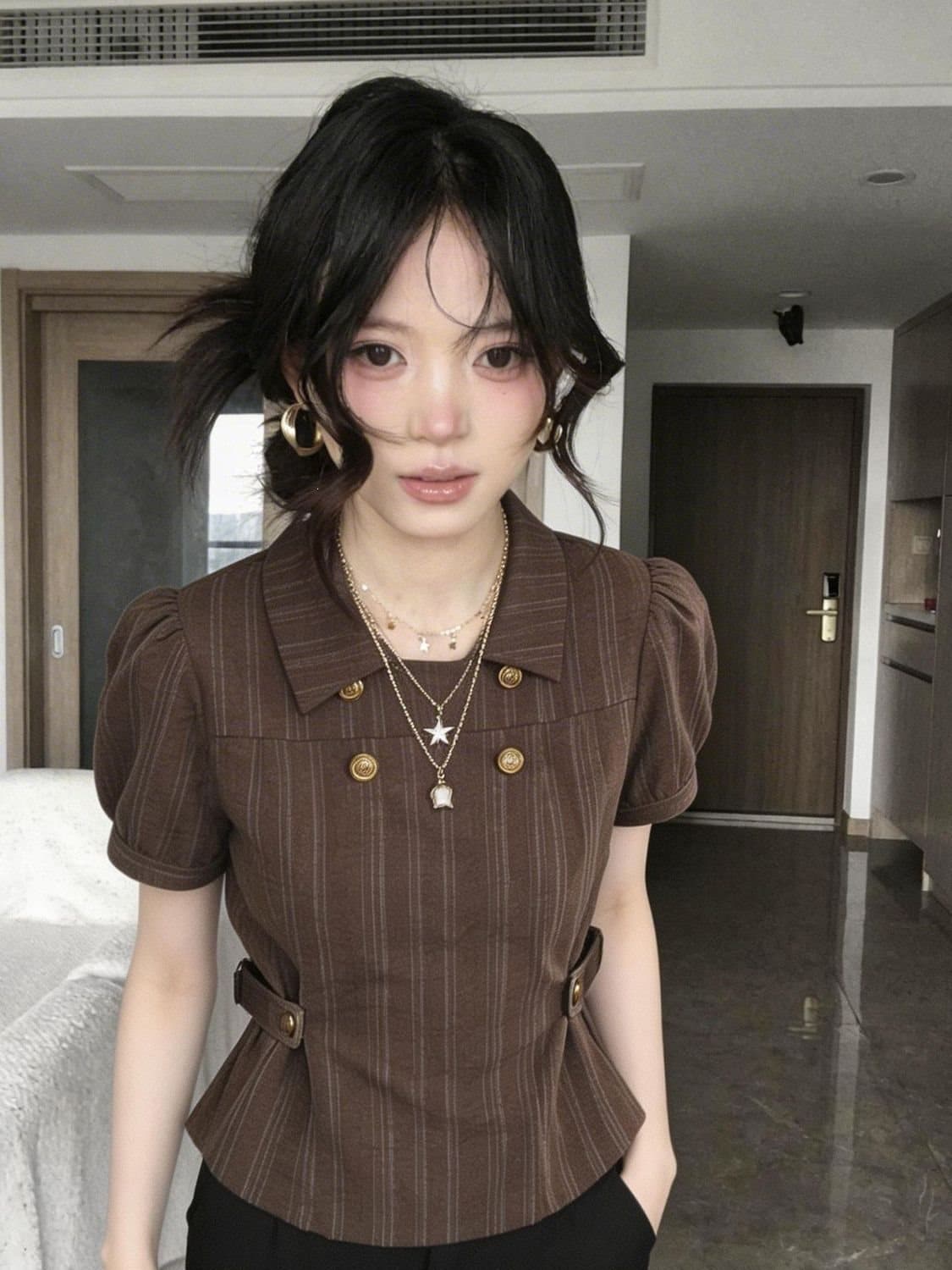 Vintage Striped Double-Breasted Short-Sleeve Shirt for Women 2026 Summer Notch Lapel Puff Sleeve Waist-Nipped Commuter Top Slimming
