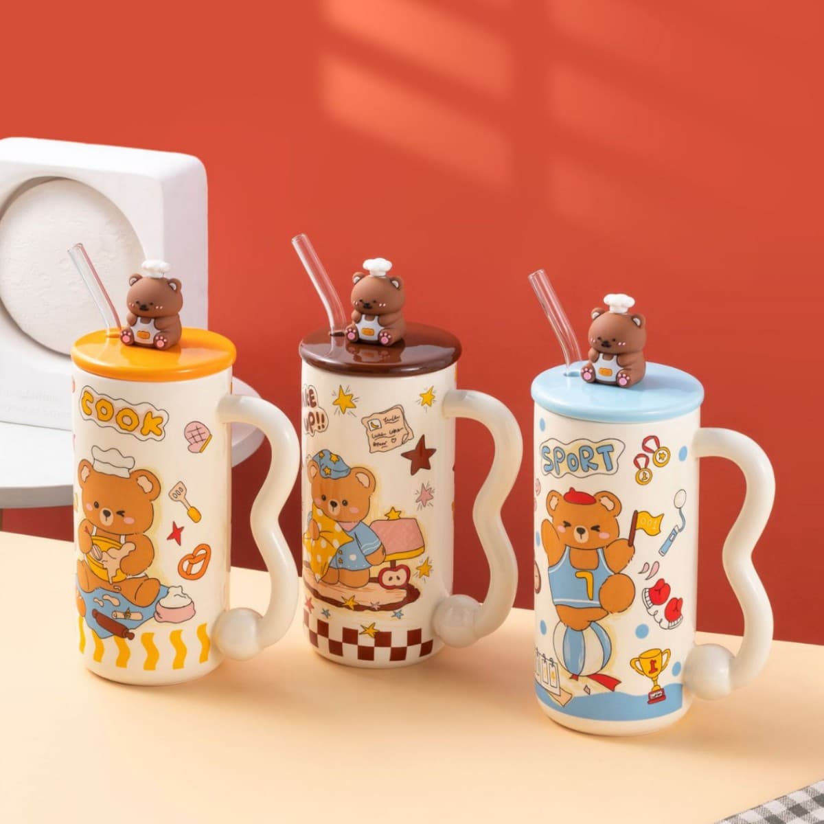 Chef Bear Large Capacity Straw Cup Ceramic Cup Cartoon Cute Office Dormitory Home Water Cup for Women