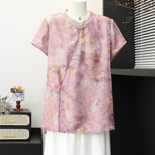 New Chinese Style Vintage Short Sleeve Set for Mothers, Summer New Fashion Trendy Chinese Style Cheongsam Top Set for Women