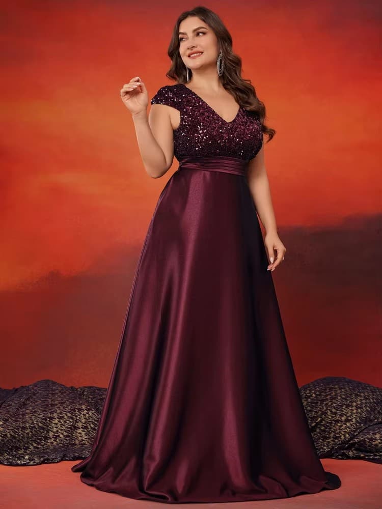 Elegant V-Neck Sequin Evening Gown Long Luxurious Women's Satin Sleeveless Party Prom Cocktail Dress