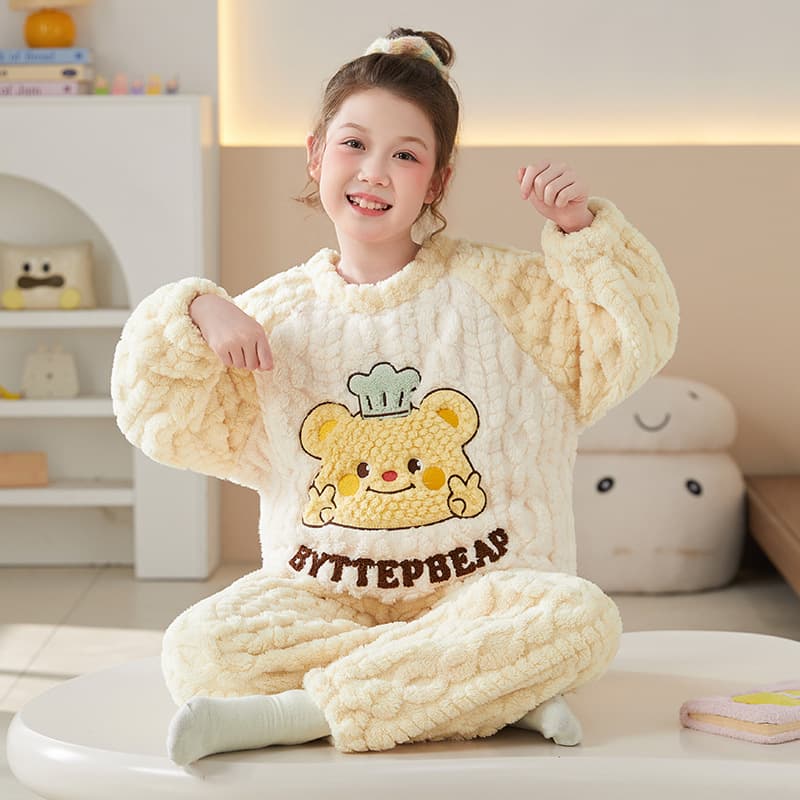 2025 Autumn/Winter Girls Coral Fleece Pajamas Warm Kids Yellow Bear Children Baby Flannel Homewear