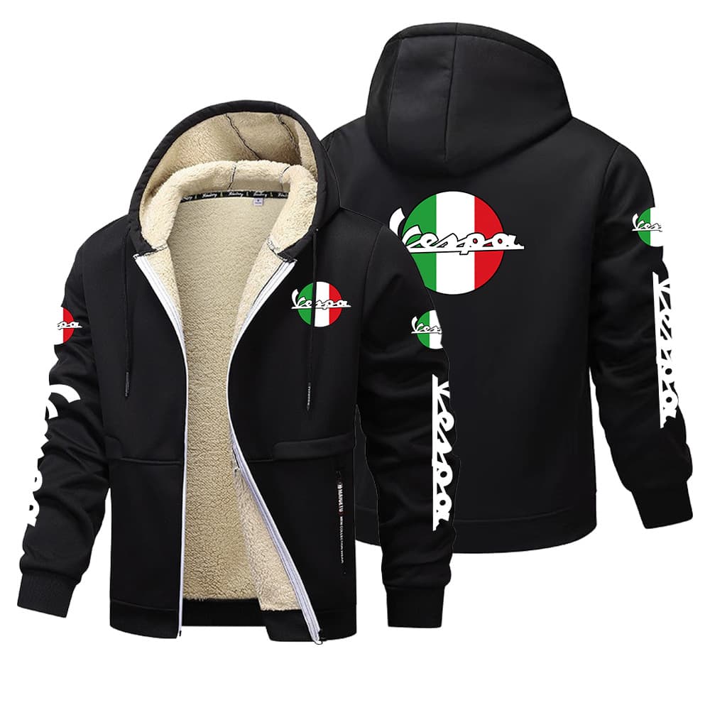 European Size Fleece-Lined Sweatshirt - Vespa Italian Print Non-Shed Fleece Inner Lining Student Warm Jacket
