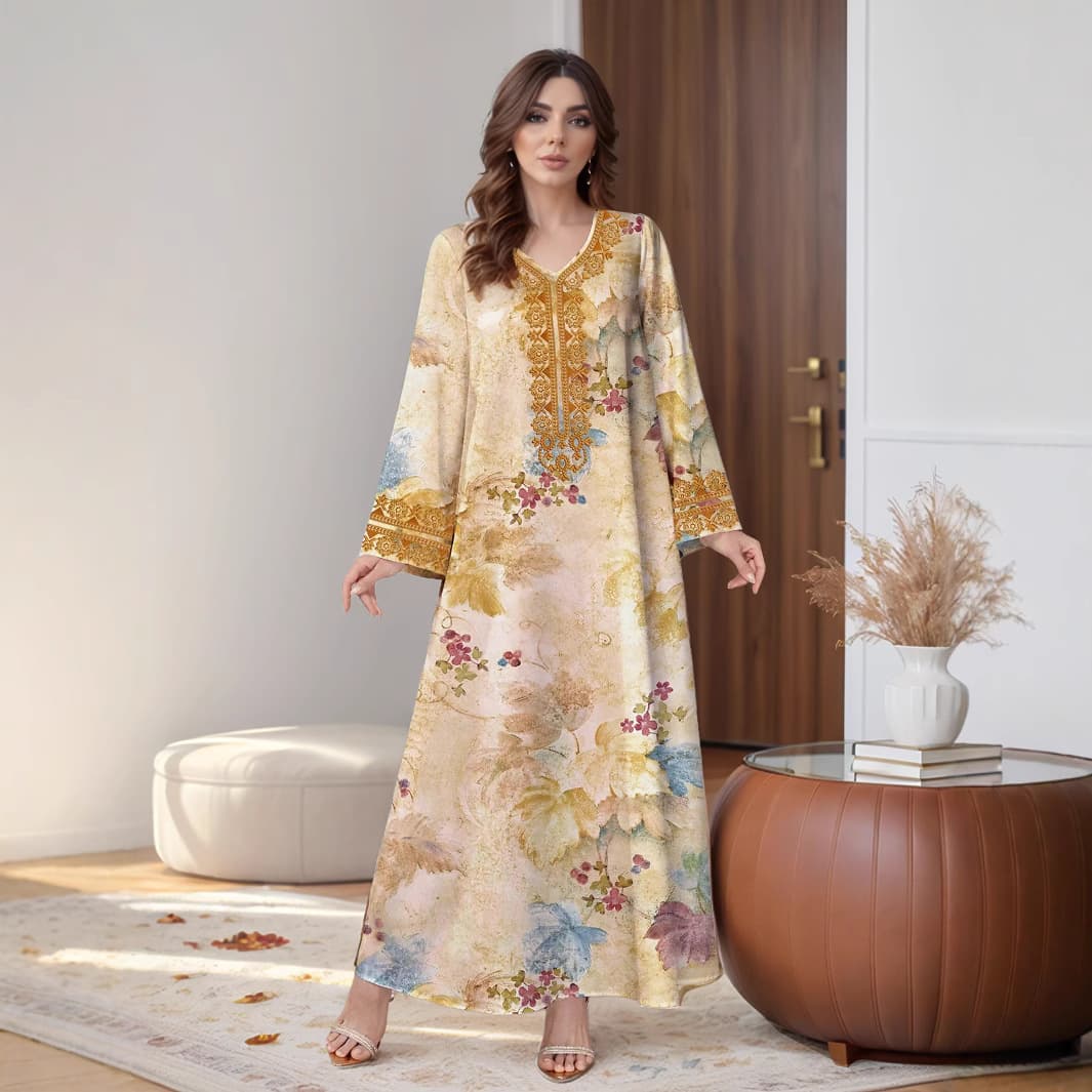 M311 Middle East Arab Dubai Women's Robe Cross-border European and American Foreign Trade Women's Clothing Positioning Print Long Sleeve Dress