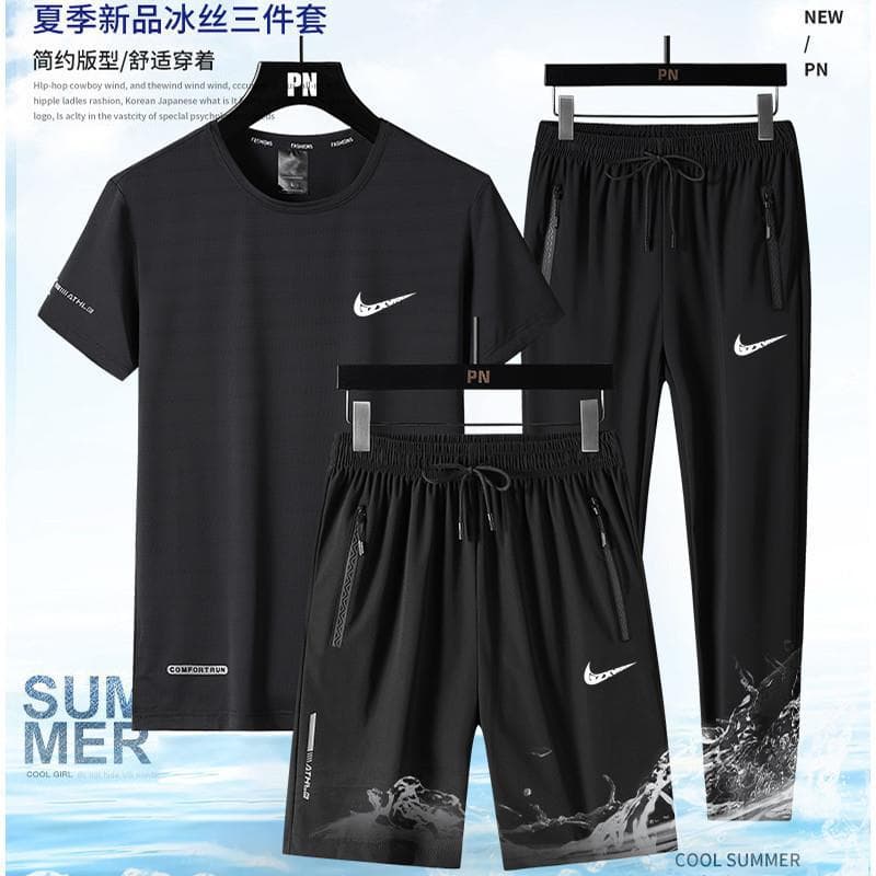 Three-Piece Ice Silk Set for Men 2025 Summer New Style Casual Sportswear Fitness Running Men's Clothing