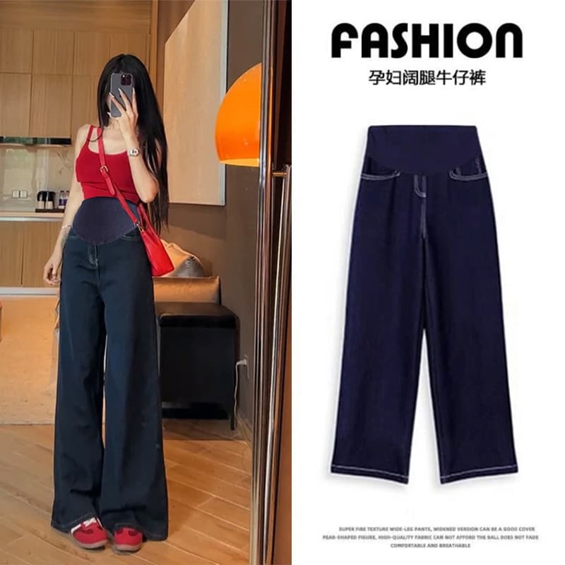 Dark Blue Tannin Blue Maternity Pants Wide Leg Jeans Spring and Autumn Loose Slimming High Waist Abdominal Support Long Pants