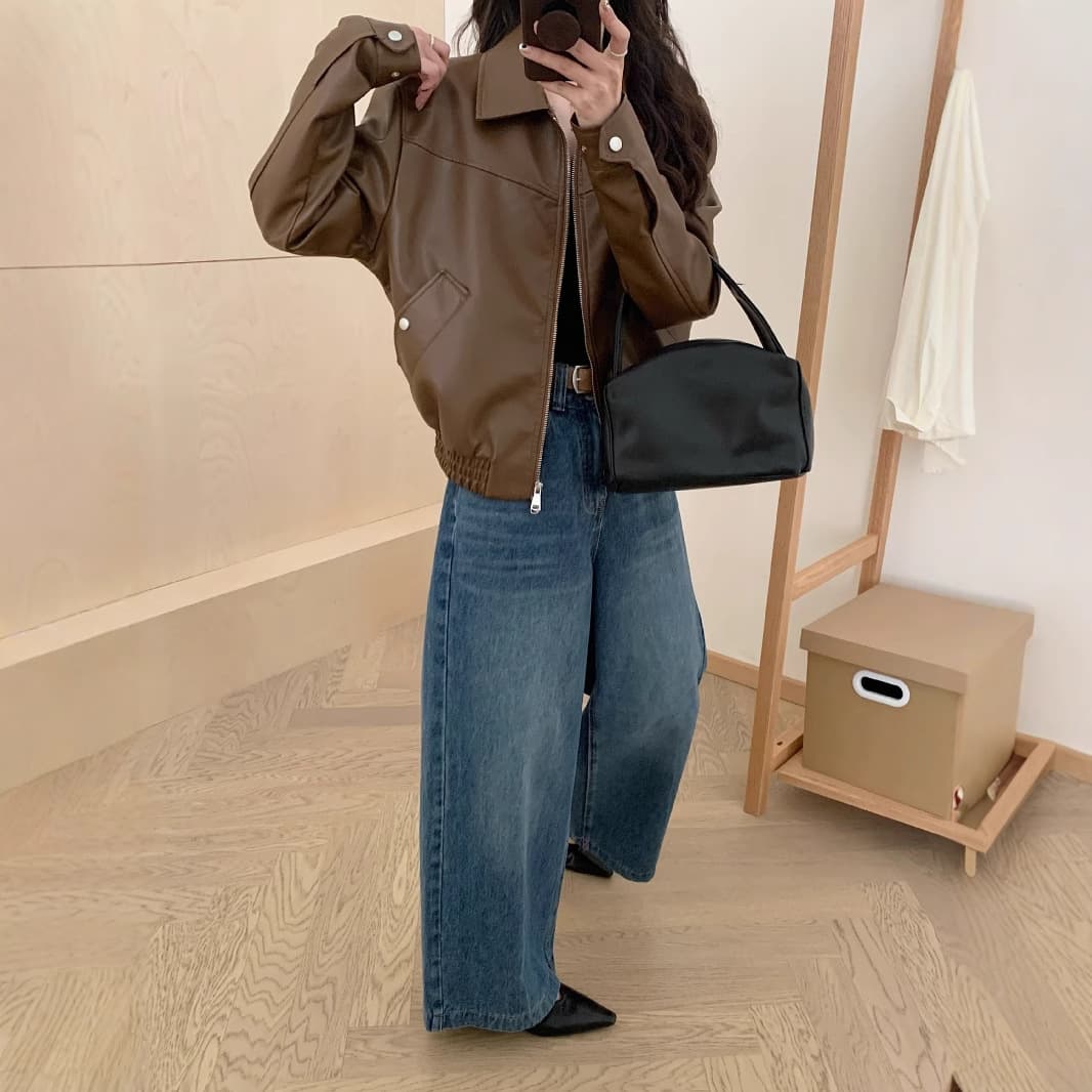 American retro motorcycle pu brown leather jacket women's autumn and early autumn new short jacket tops for small people