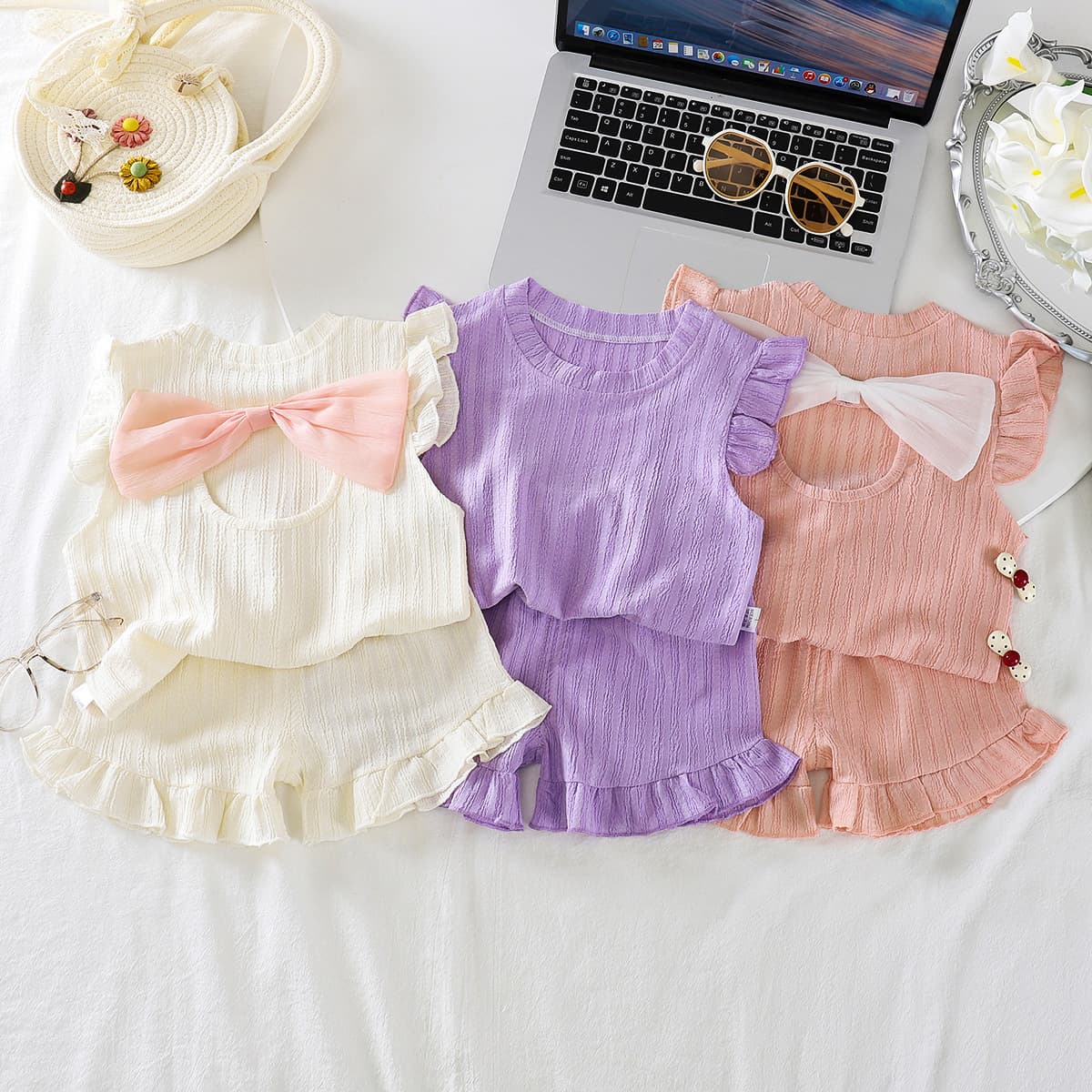 Girls Summer Bow Set Baby Textured Small Flutter Sleeve Ruffle Shorts Two-Piece Children's Homewear