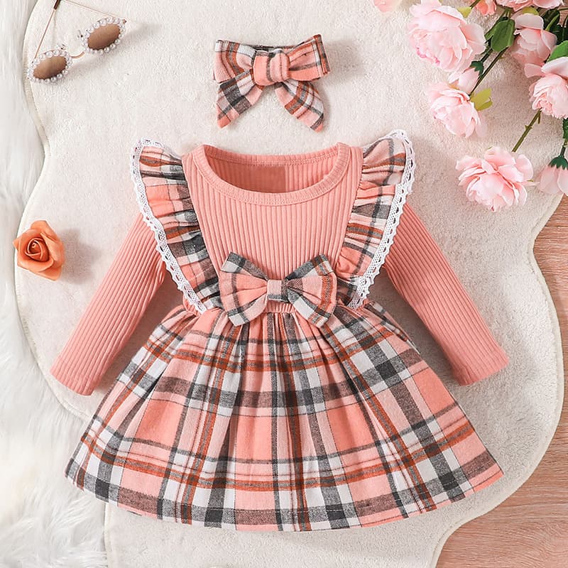 INS Fashion Plaid 2026 Dress for Baby Girls Christmas Long Sleeve Plaid Dress with Bow