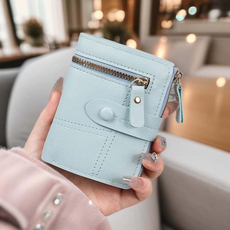 Cross-Border Best-Selling Solid Color Women's Wallet with Buckle Stitching and Zipper Coin Purse, Short Card Holder, Women's Wallet Wholesale