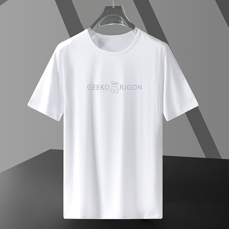 Ice Silk Short Sleeve T-Shirt for Men Summer Round Neck Top Fashion Bear Print Half Sleeve White Tee