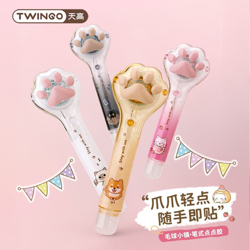 Tiango 2346 Pompon Town Pen-Style Dot Glue, High Aesthetics Cute Cat Paw Craft Glue for Students and Office Use