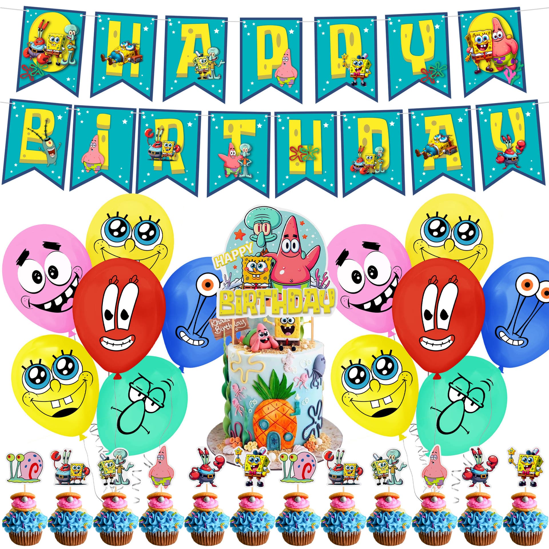 Spongebob printed latex balloon combination cartoon birthday party decoration balloon banner cake insert set