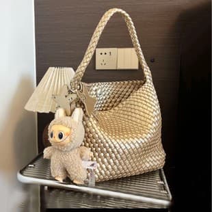 Medium Gold Woven Tote Bag for Women, Large Capacity Bucket Bag, Commuter Handbag Shoulder Bag, Genuine Leather Large Bag