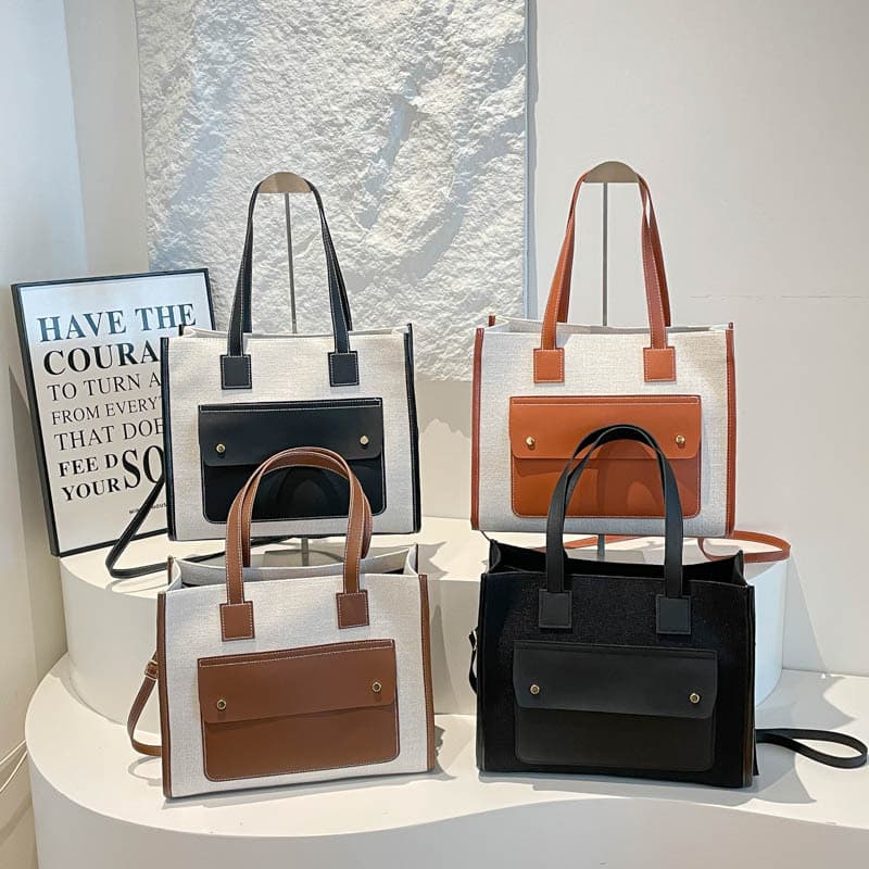 New stylish contrast-color canvas tote bag, casual large capacity, chic commuter shoulder bag, niche design women's bag