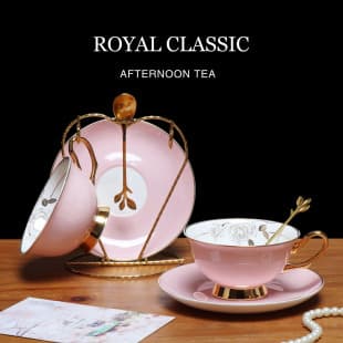Nordic Ceramic Coffee Cup with Spoon, Hand-Painted Gold Rim Bone China Coffee Cup and Saucer Set for Afternoon Tea