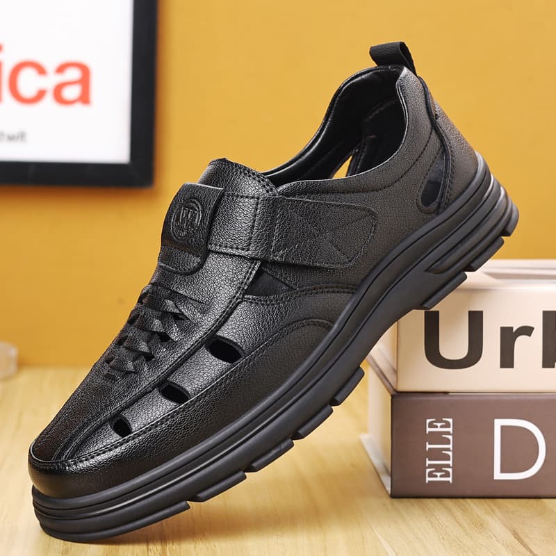 2025 Summer New Casual Leather Shoes for Men, Soft Sole Middle-Aged Dad Shoes, Hollow Breathable Mesh Leather Sandals, Drop Shipping