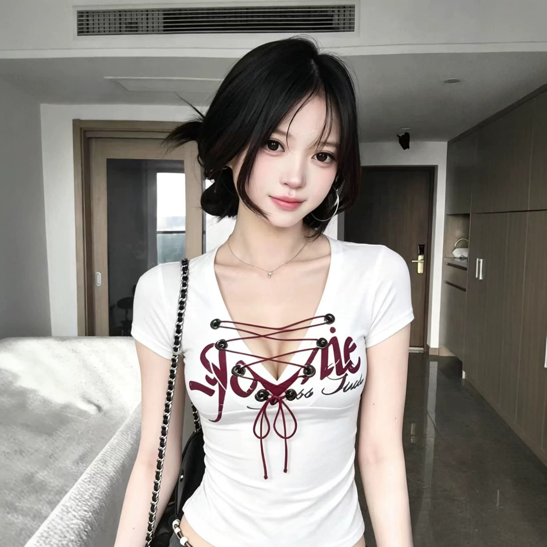 Pure and Sexy Low Cut Deep V-Neck Short Tight T-Shirt for Women, Printed Lace-Up Sexy Hollow Out Collarbone Top