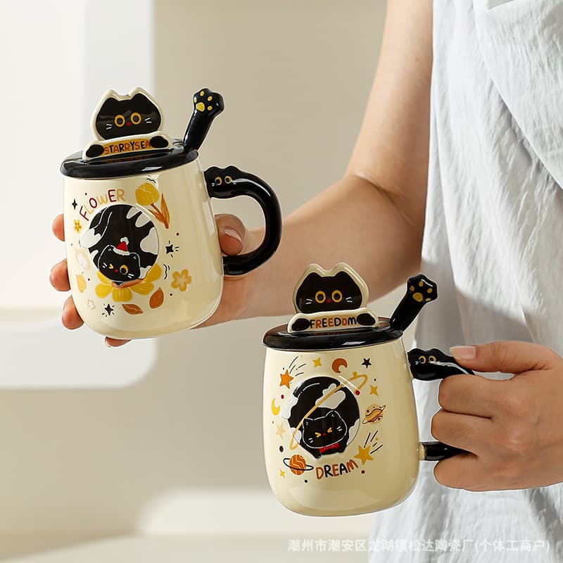 Cute Black Cat Mug with Lid and Spoon Creative Ceramic Cup Birthday Gift Souvenir High Appearance Water Cup