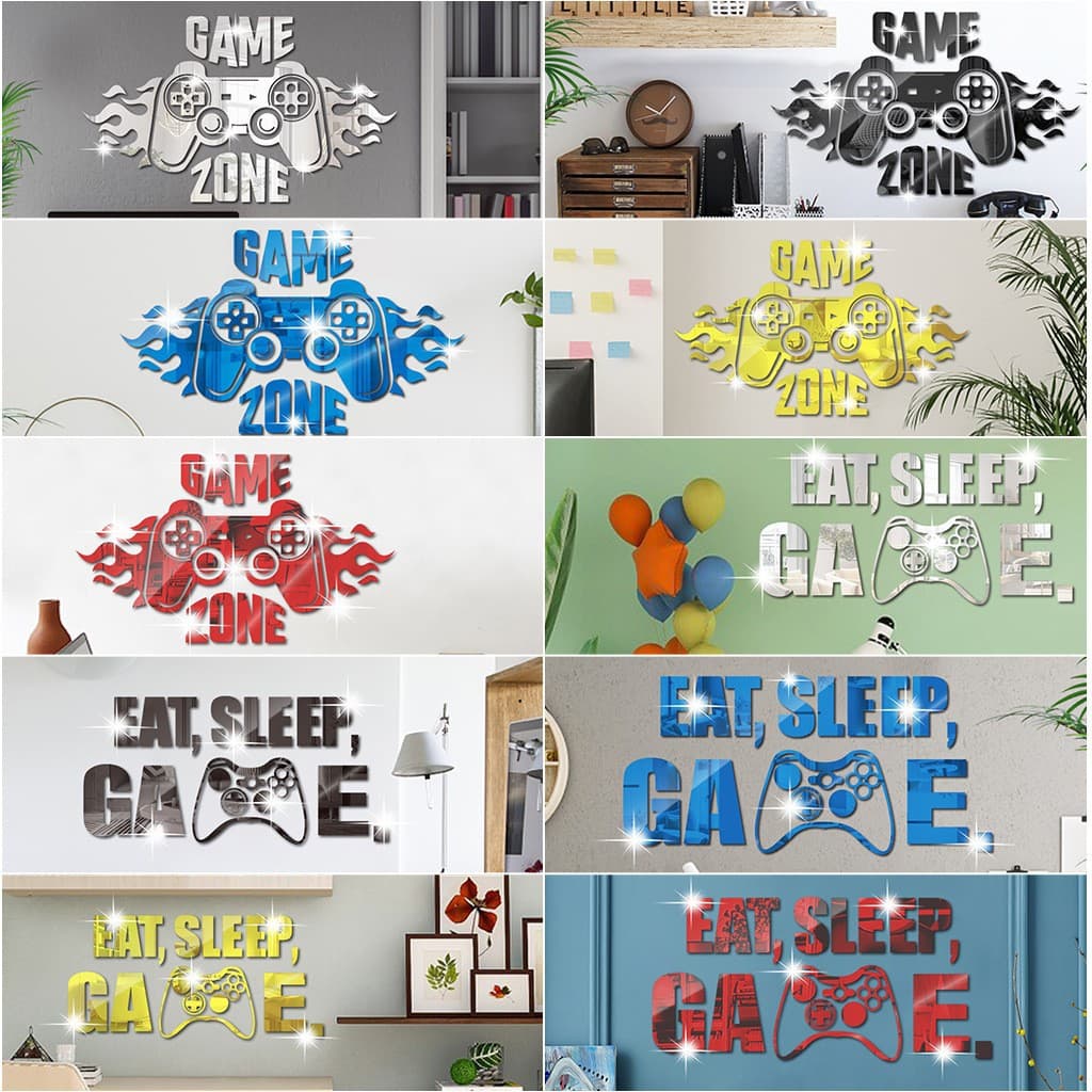 Game Zone Game Controller Acrylic Mirror Wall Sticker Eat Sleep Game Letters Custom Mirror Sticker