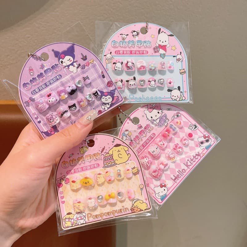 Kuromi children's nail stickers, waterproof wearable nail art for girls, 2025 new style, self-adhesive cartoon design, nail art gift for little girls.