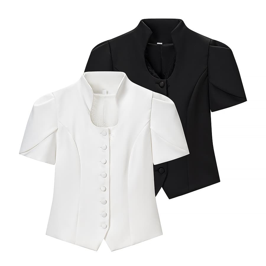 ZARY EU-US Cross-Border Women's Top Minimalist Commute Lace Single-Breasted Short Sleeve Solid Color Blouse