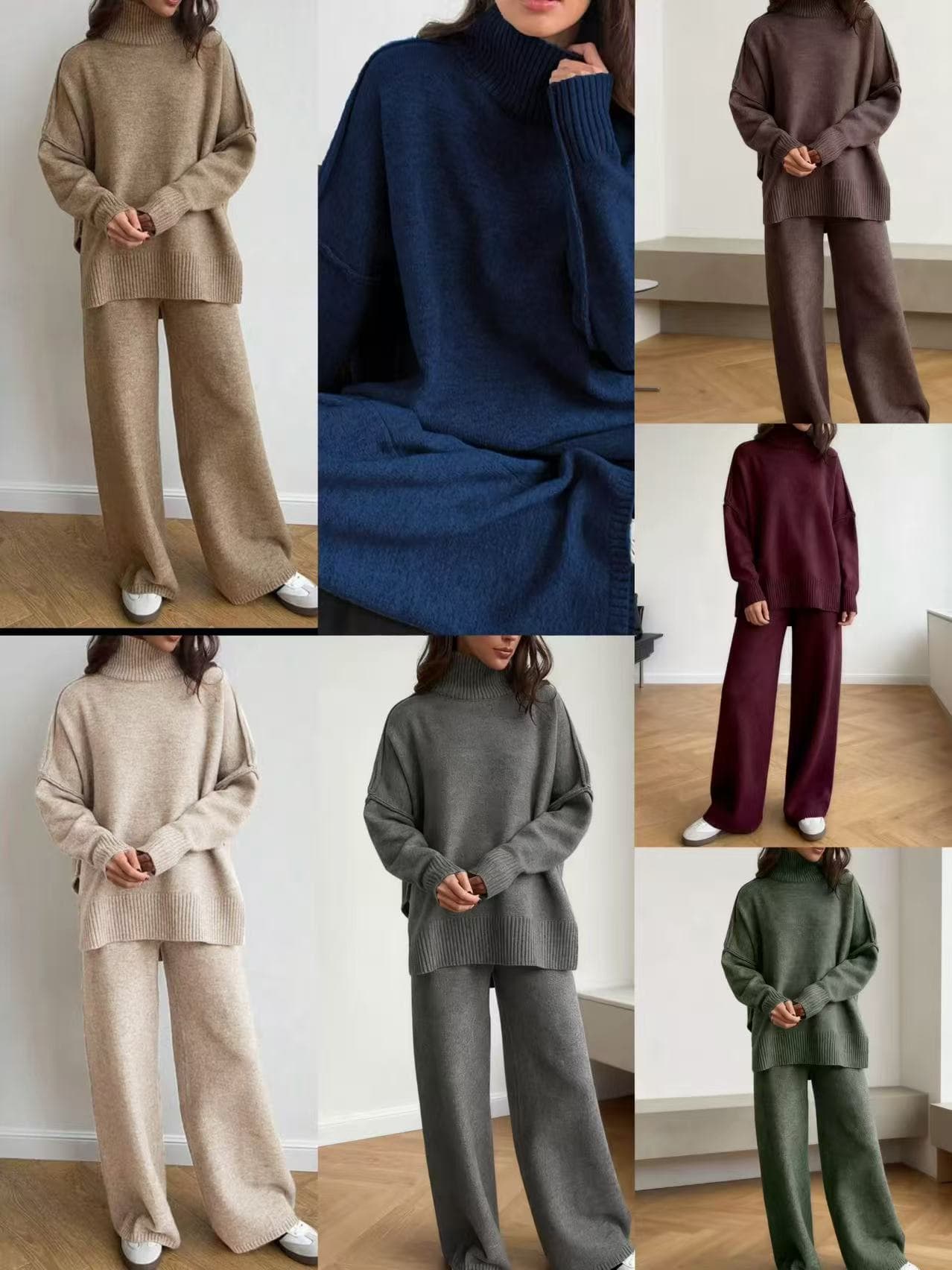 European and American cross-border 2025 autumn and winter new casual lazy style solid color loose turtleneck knitted sweater suit trousers