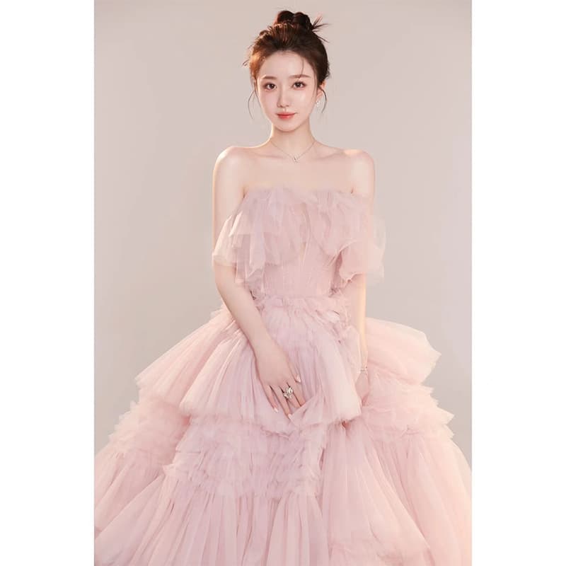 Light Wedding Dress Temperament Girl Studio Theme Wedding Photography Outdoor Portrait Gown Pink Whitening Colorful Tulle Strapless Style