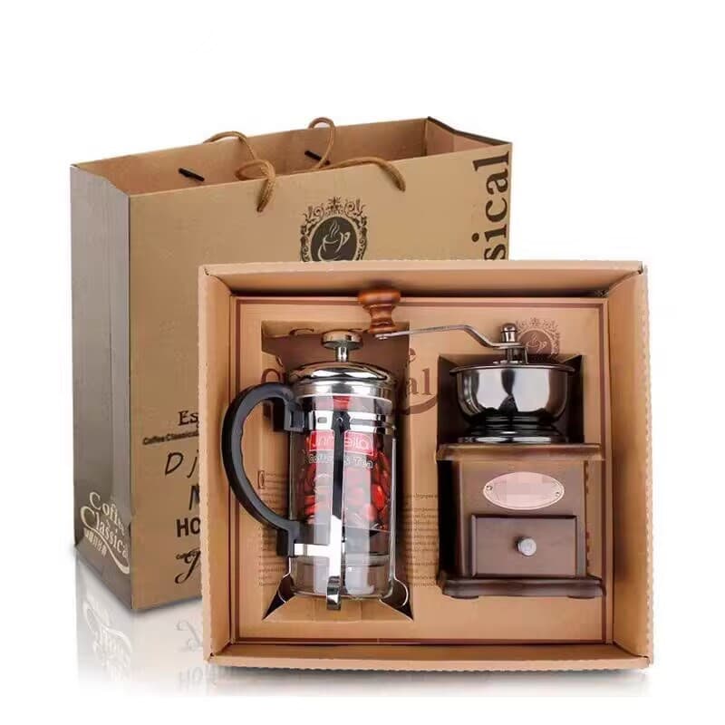 Vintage Hand-Cranked Coffee Machine French Press Pot Set Coffee Tools Gift Box Activity Gift Manual Grinder
