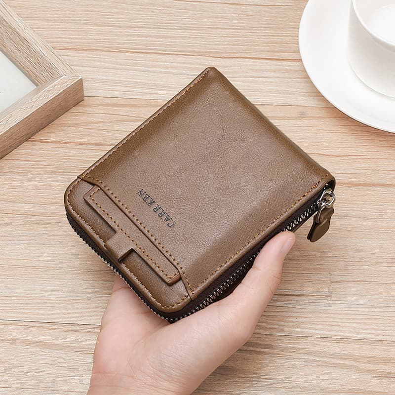 Wholesale men's short casual fashion zipper wallet multi-card slot coin purse solid color soft leather pu wallet