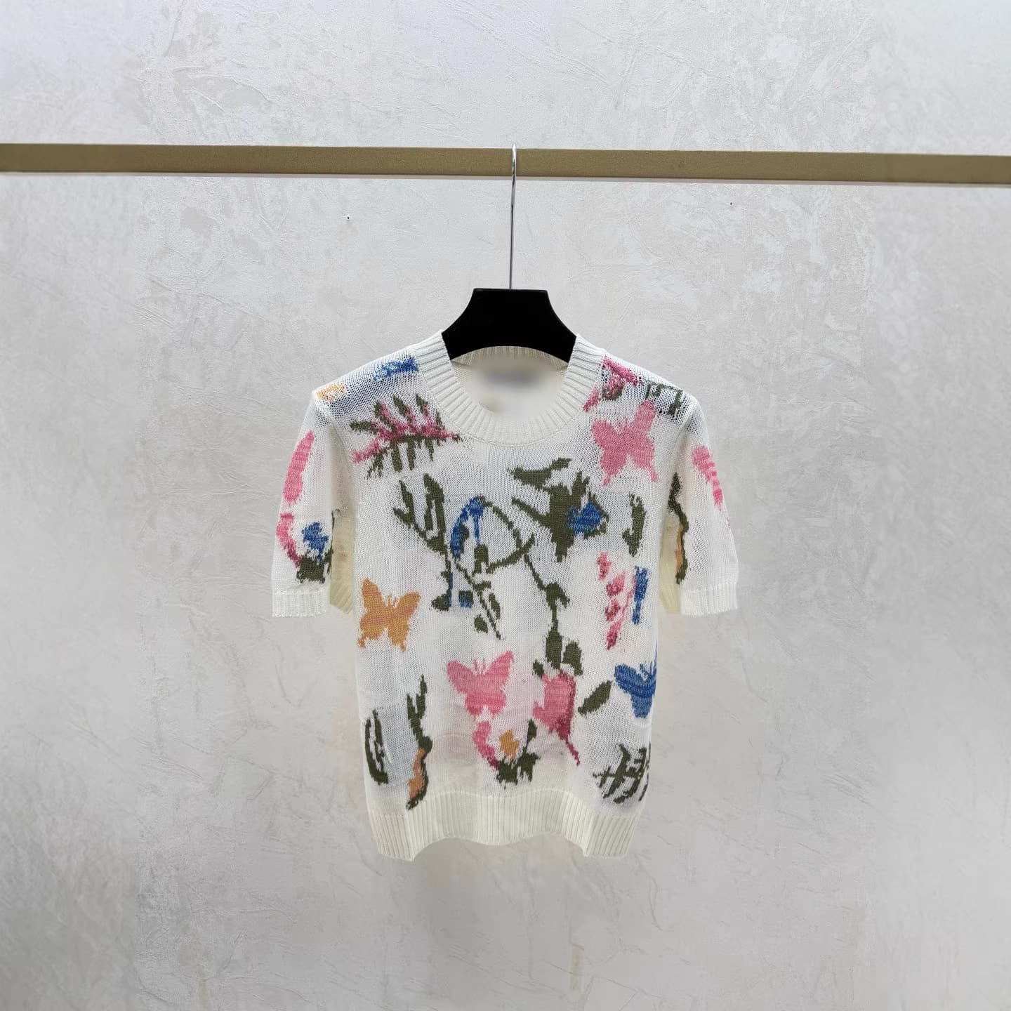 Shenzhen Nanyou High-Quality Version Cd Brand 26 Early Autumn New Simple Color-Blocking Embroidered Round-Neck Short-Sleeve Knit Top