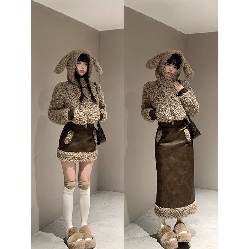 Three Fish Autumn/Winter Cute Bunny Ear Thickened Warm Fleece Coat with Lined Skirt