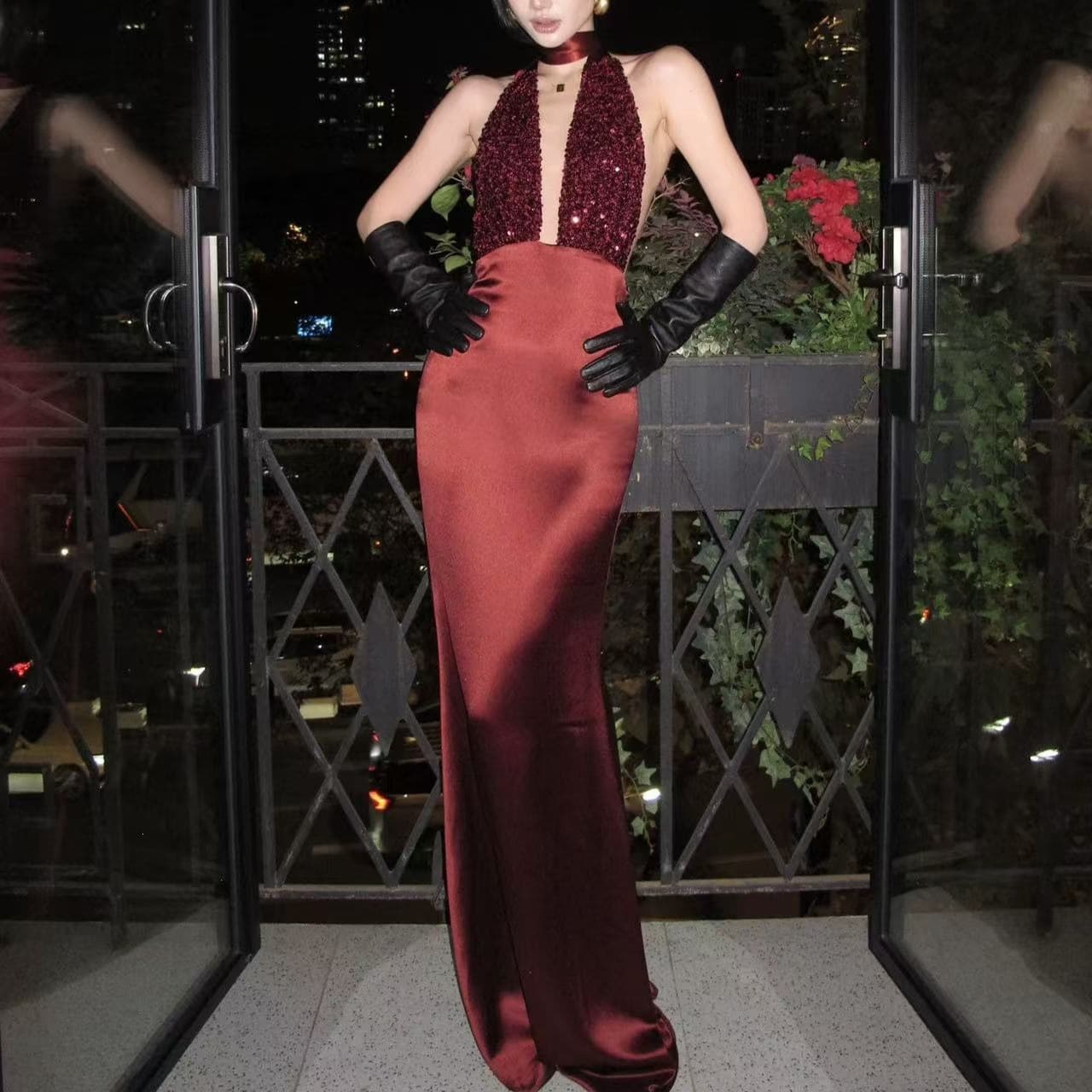 Spring New French Burgundy Banquet Red Halter Sequin Dress Deep V Sexy Backless Dress Bodycon Long Skirt