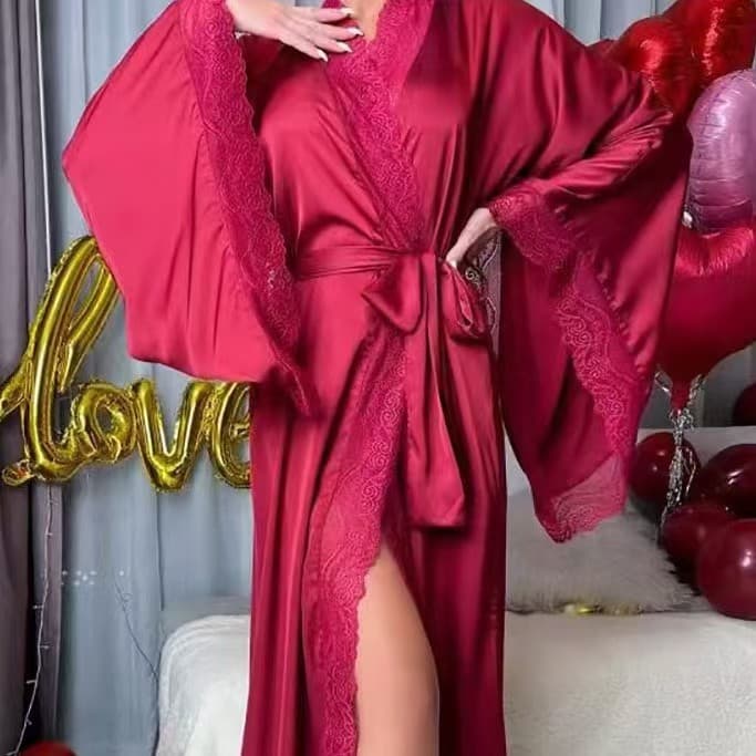 European and American cross-border new satin pajamas for women lace long-sleeved cool nightgown bathrobe home wear for women