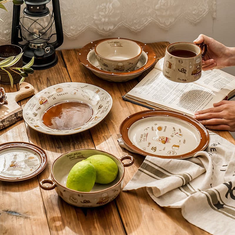 Exceptionally Attractive Rice Bowl Set, Ceramic Cute Dish Plates with Double Handles, High Aesthetics for Ritualistic Breakfast