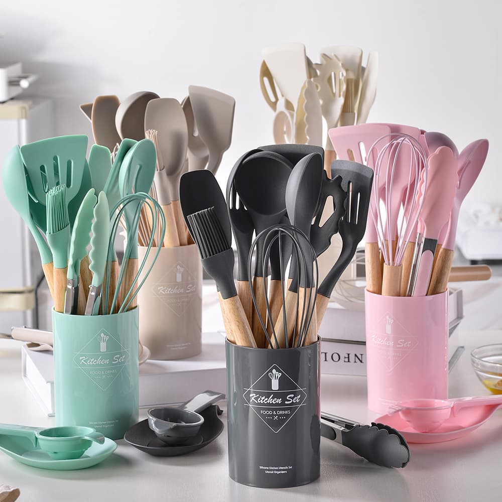 Cross-Border Lightweight Wood Handle Silicone Kitchen Utensil Set, 14-Piece Barrel Set, Non-Stick Cooking Spatula and Spoon Kitchen Set