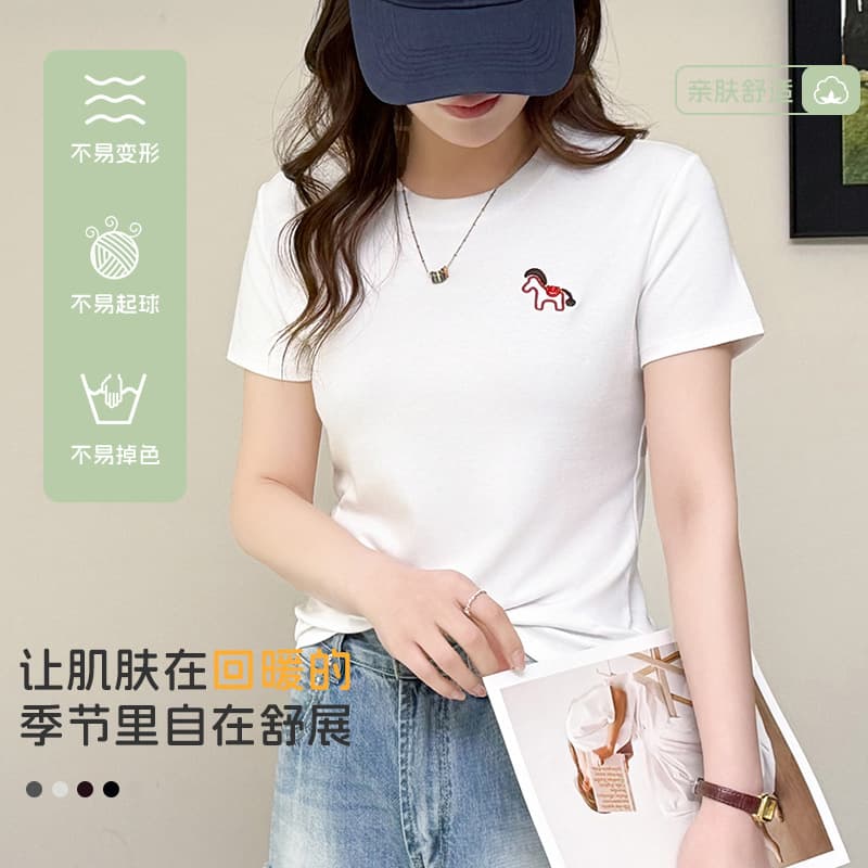 Lyocell Yunju embroidery summer short-sleeved T-shirt for women popular round neck bottoming shirt popular short-sleeved top for women wholesale
