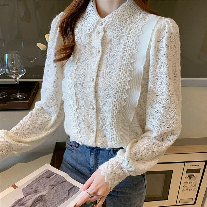 Real Shot New Style Peter Pan Collar Pleated Ruffle Lace Shirt Retro Puff Sleeve Elegant Base Layer Top Women