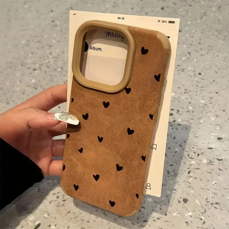 Full-screen little hearts design fits iPhone 14/15 PRO faux fur phone case 17 PRO MAX large cutout drop protection 16