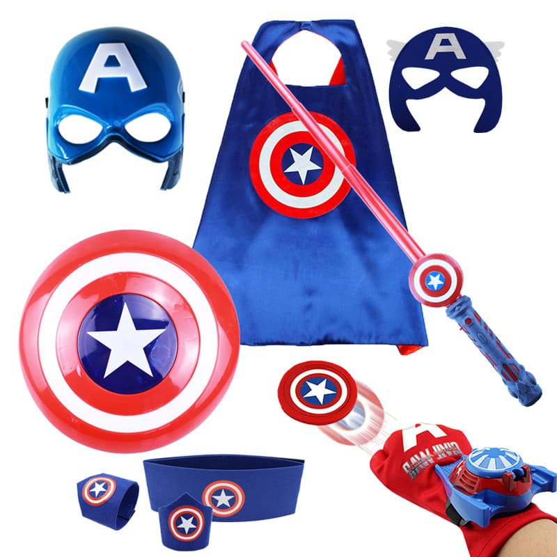 Children's Captain America Cosplay Costume Set Luminous Mask Robe Shield Launcher Glowing Light Sword And Shield Set