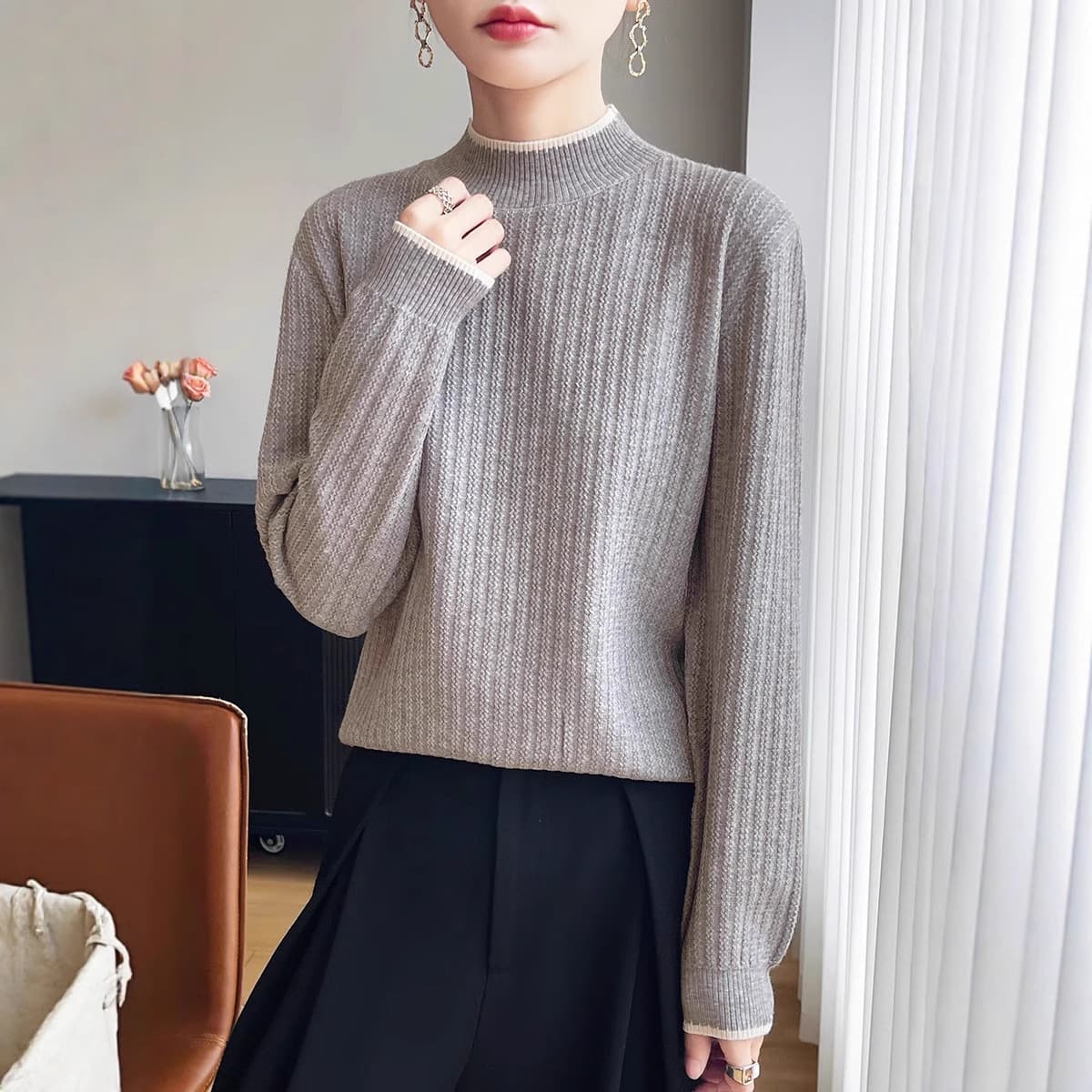 Women's Mock Neck Sweater Base Layer Slim Fit Top Autumn Winter New Turtleneck Loose Knitwear Lace Trim Color Block